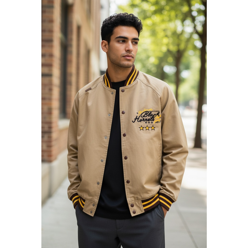 Akademiks Bomber Jacket Men's XXXL Black Hornets Beige Retro Street wear Vintage - Picture 13 of 14